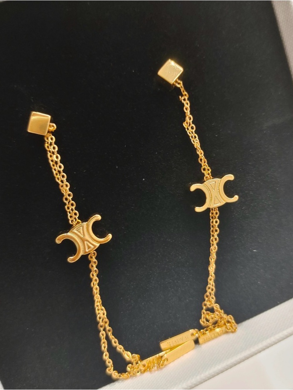 Celine Gold Double-Chain Drop Earrings with Triomphe Motif - Picture 2 of 5